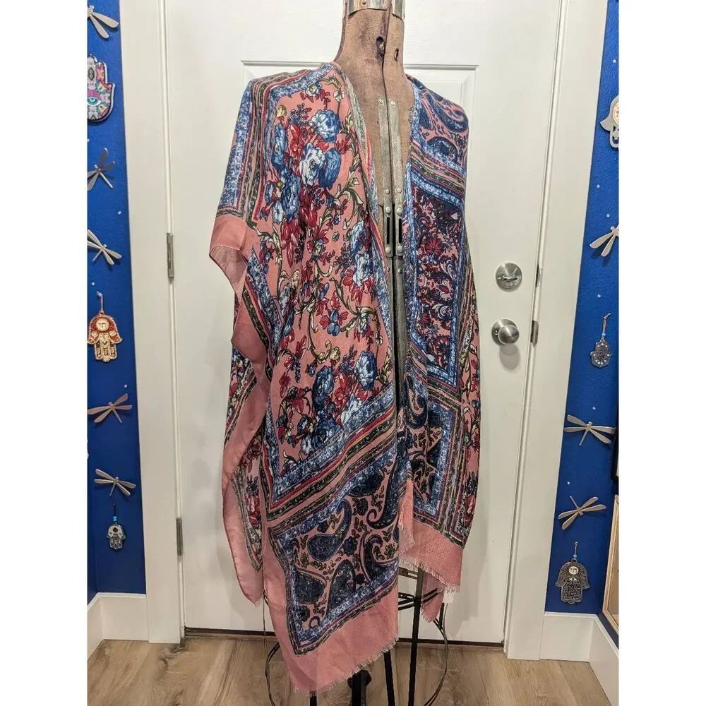 Woven Heart NWT Boho Floral Paisley Kimono Ruana Wrap One Size Plus Pink Blue